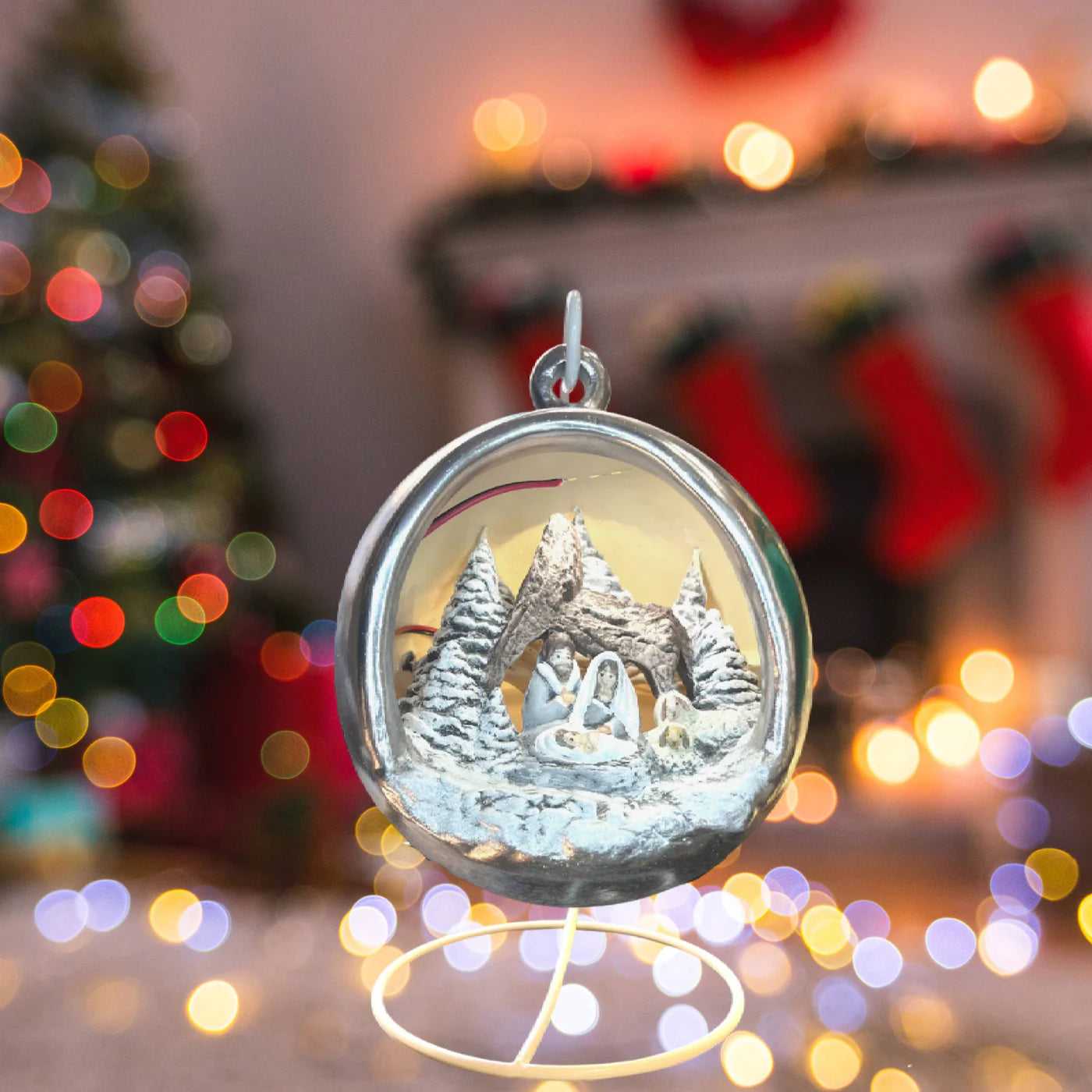 Sfera Di Natale Con Natività Ceramex Led Silver 18 cm