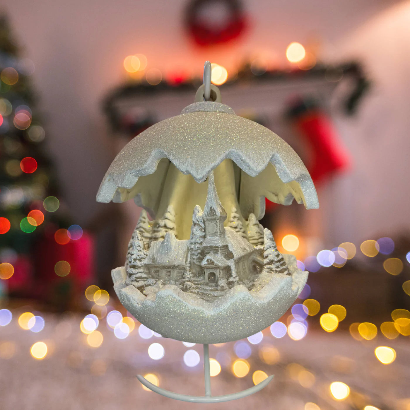 Sfera Di Natale Con Chiesa Ceramex Led Ecrù Glitter