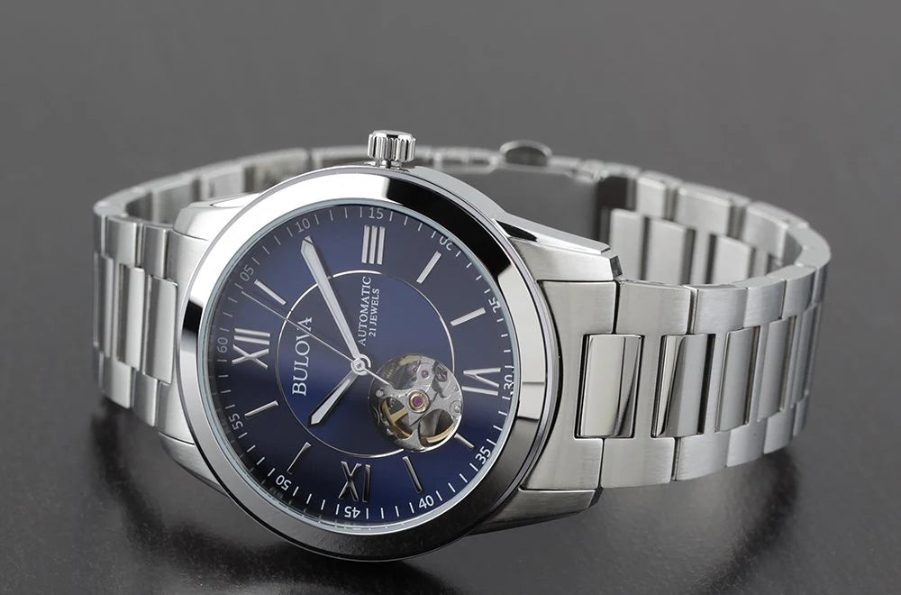 Orologio Uomo Bulova Automatico Numeri Romani Acciaio Blu Open Heart