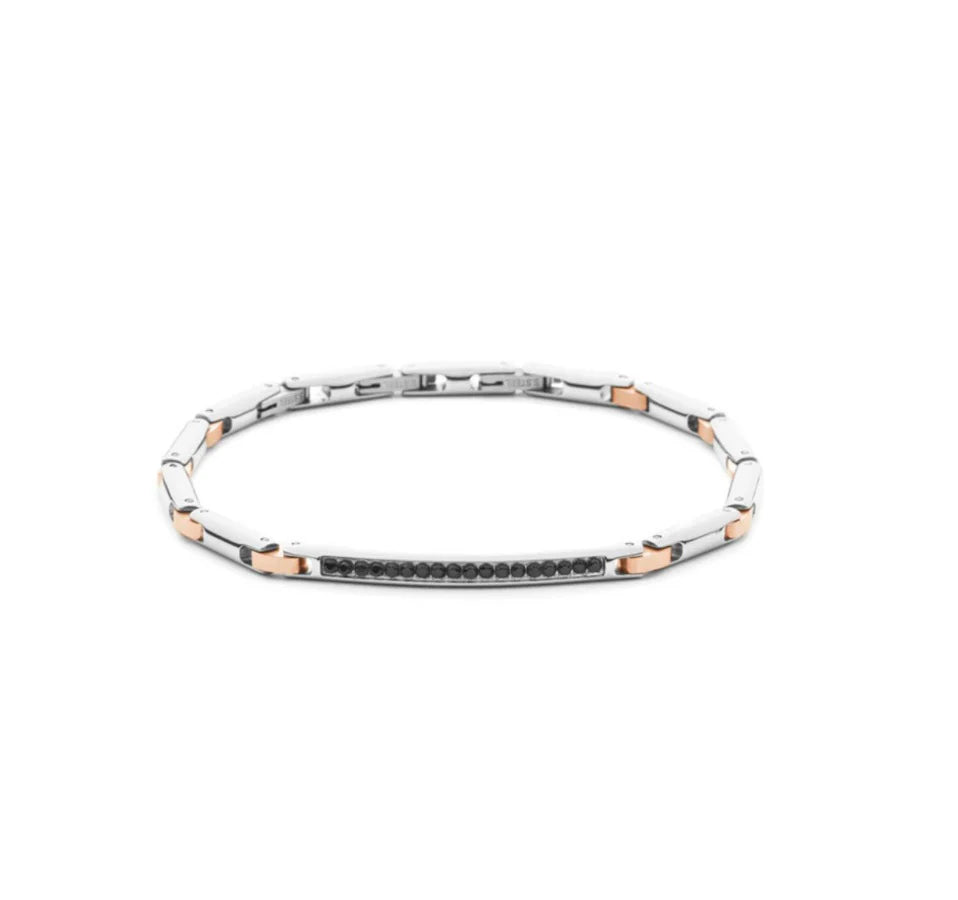 Bracciale Uomo 4US Cesare Paciotti Maglia Acciaio PDV rosè targhetta Zirconi Neri