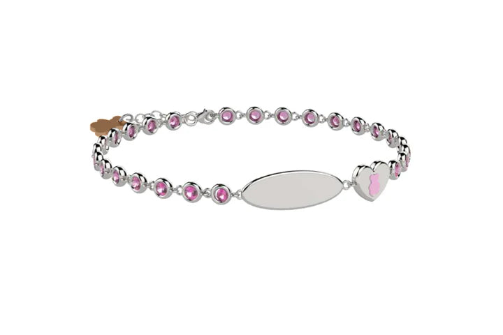 Bracciale Tennis in Argento 925 con pietre rosa e targhetta incidibile
