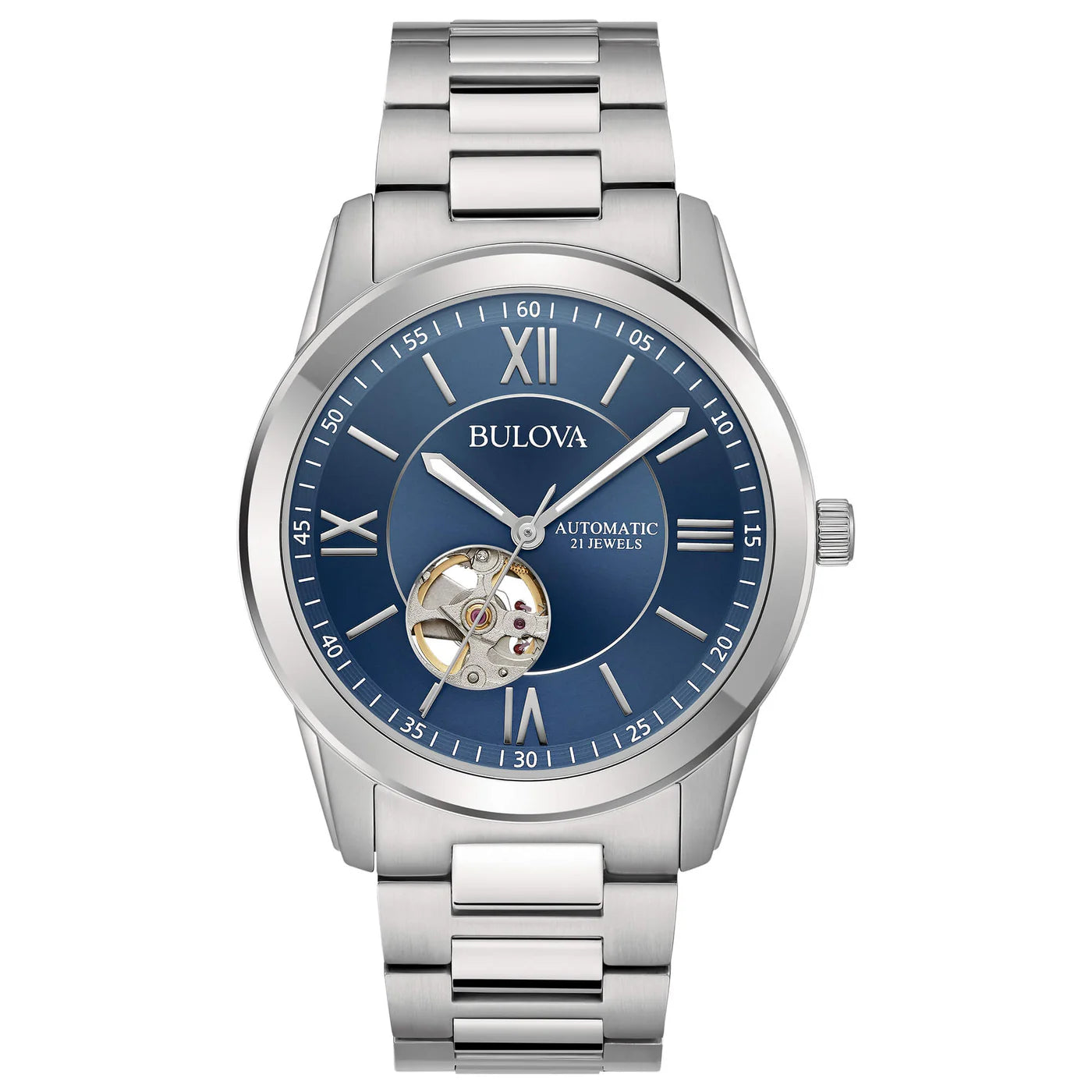 Orologio Uomo Bulova Automatico Numeri Romani Acciaio Blu Open Heart